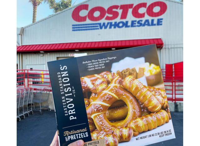 person holding eastern standard provisions artisanal soft pretzels in front of Costco
