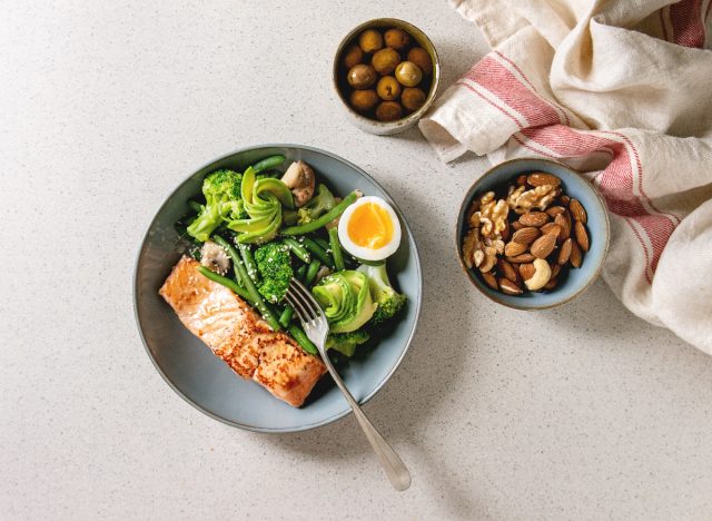 salmon home-cooked meal with avocado and veggies