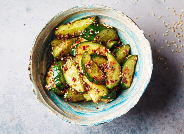 sliced cucumber salad in a bowl