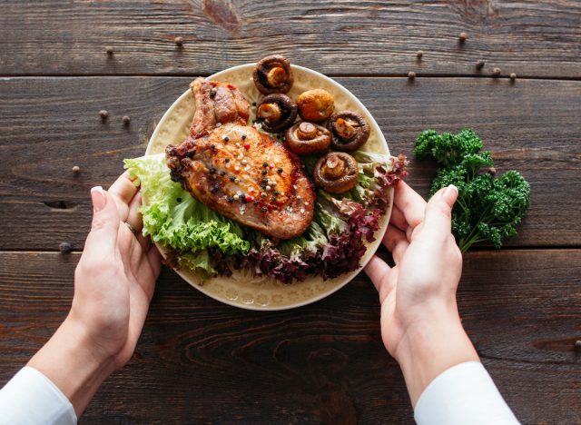 small plate healthy serving size concept, chicken and mushrooms