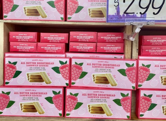 trader joe's all butter shortbread sandwich cookies with raspberry filling