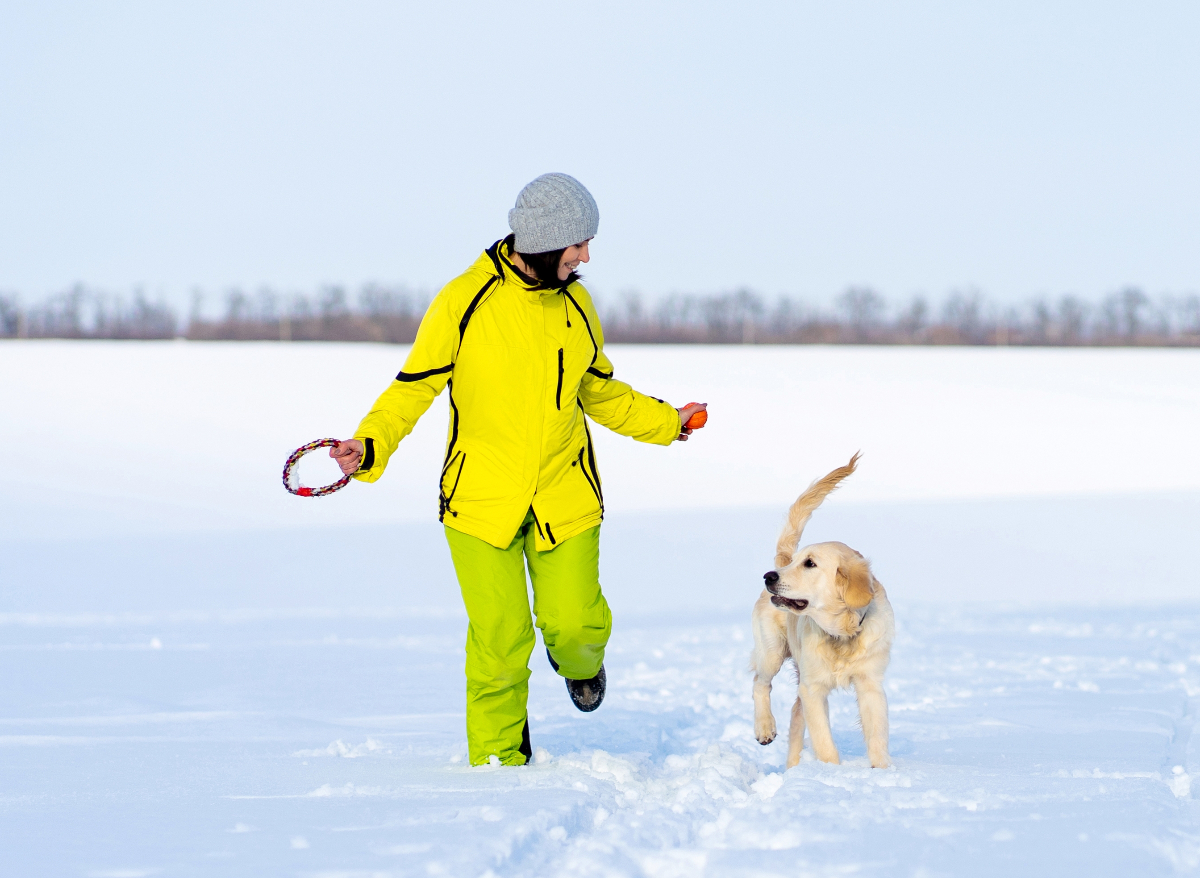 woman and her dog playing in the snow, sneaky ways to get more exercise in the winter