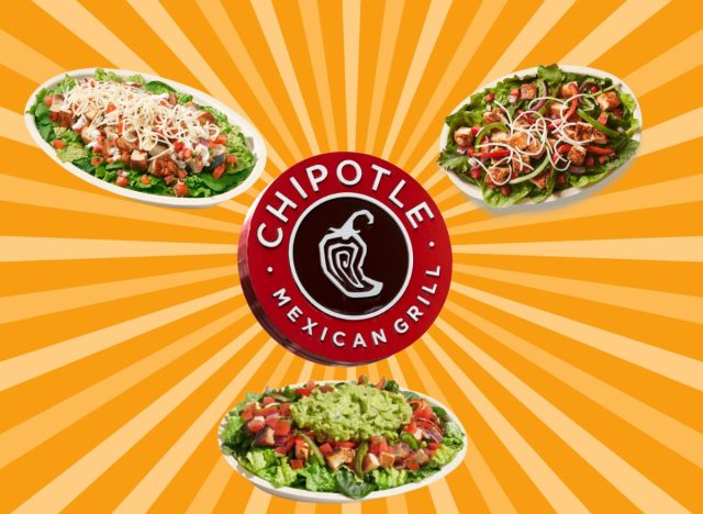 Chipotle sign and food items on a yellow background