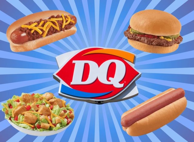 Dairy Queen sign and food items on a blue striped background