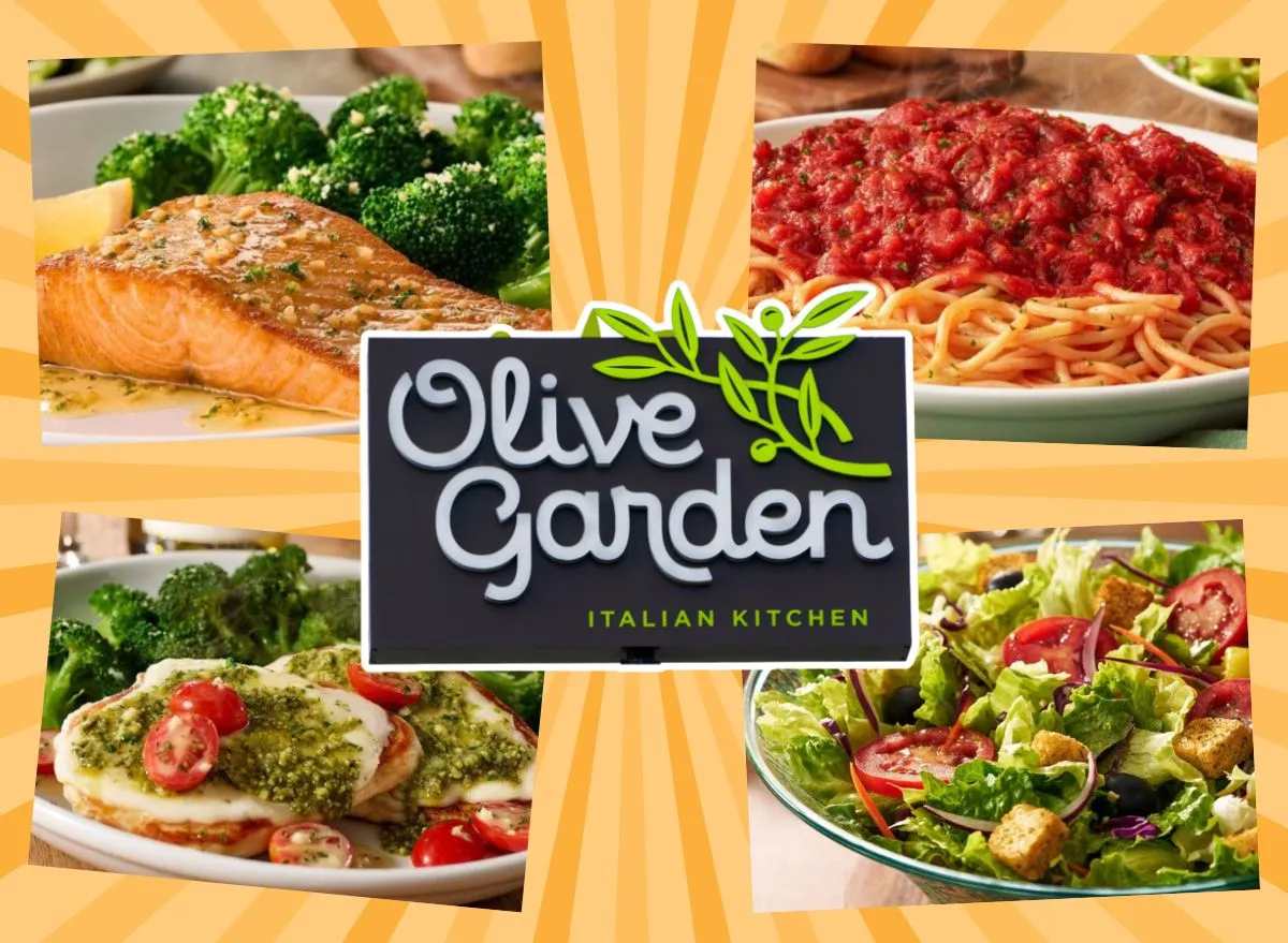 olive garden sign and meals on an orange background