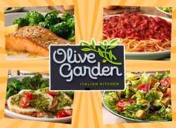 olive garden sign and meals on an orange background