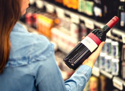 Woman reading the label of red wine bottle at the supermarket.