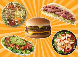high-protein fast-food items on an orange background