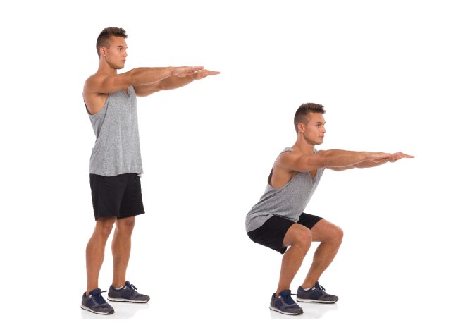 man demonstrating how to do squats lower-body exercises to build up legs