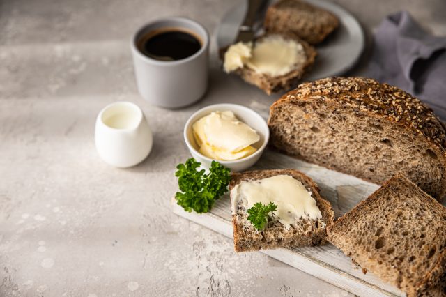 Freshly baked artisan multigrain bread at breakfast