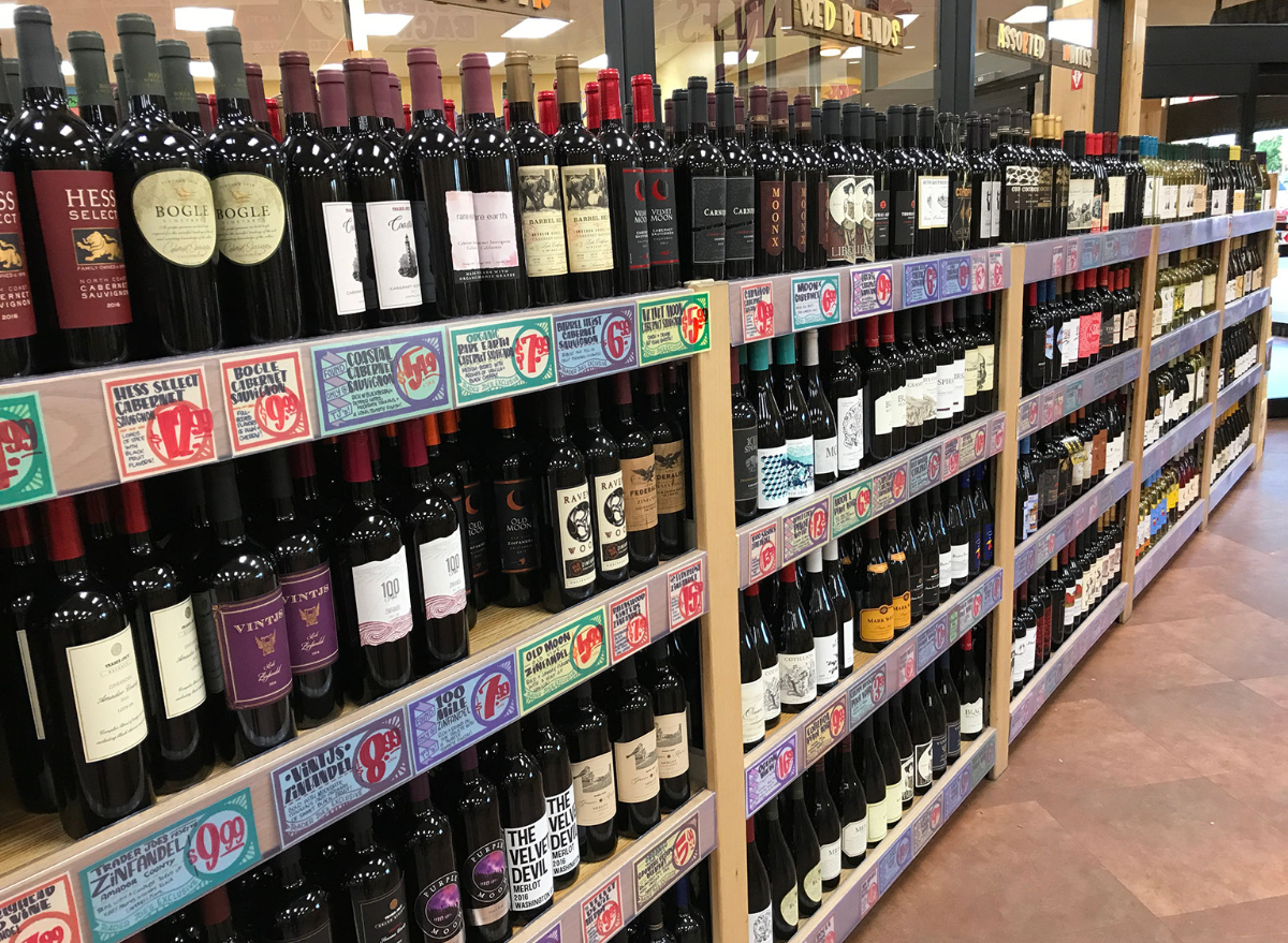 Trader Joe’s wine bottles arranged on a shelf