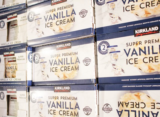 Kirkland Signature super premium vanilla ice cream on display at a local Costco store.