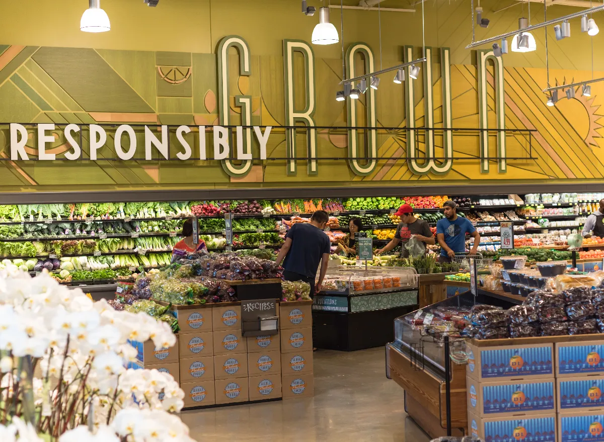 Fresh organic vegetable selection in produce aisle at grocery store  supermarket. Stock Photo