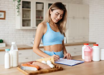 fit woman keeping track of eating habits in food diary, concept of tips to lose weight for good
