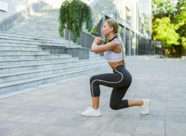 woman doing split squats, walking lunges as part of workout to lose weight and build muscle