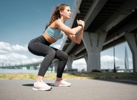 woman does squats exercise outdoors, concept of workout to shrink hanging belly fat