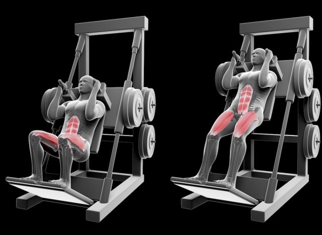 3D illustration of hack squats, concept of machine exercises for men to build powerful legs