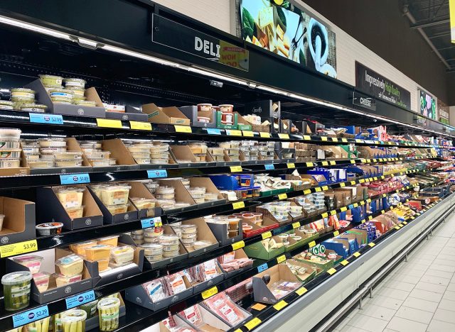 Full shelf inside an Aldi grocery store.