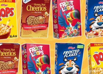 four brands of cereal boxes on a yellow background