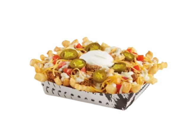 container of Del Taco Queso Loaded fries on a white background