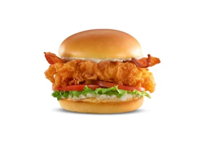 BLT chicken sandwich from Hardee's on a white background