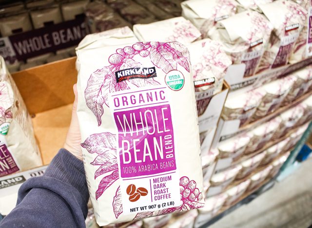 Kirkland Signature organic Whole Bean Blend on display at a local Costco.