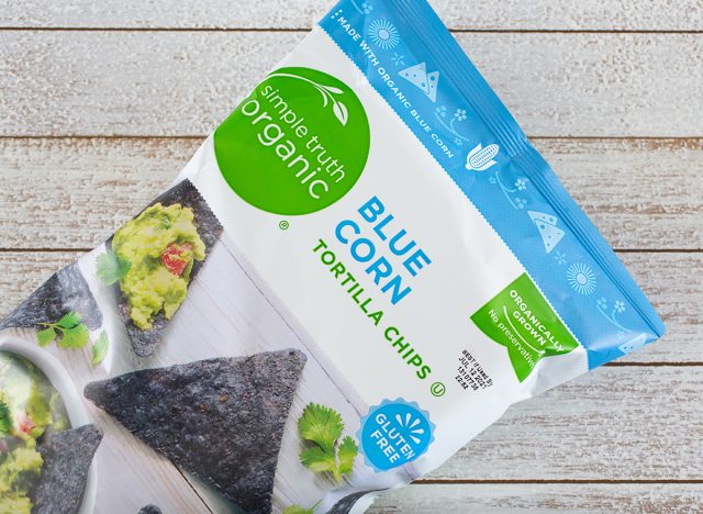 Bag of Kroger brand Simple Truth blue corn tortilla chips.