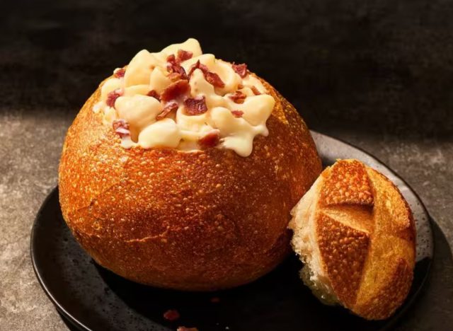 Panera Bacon Mac and Cheese in a bread bowl on a black plate