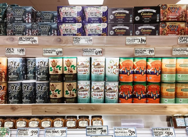 Roasted ground coffee and beans with beautiful packaging design inside Trader Joe's, an American supermarket. 