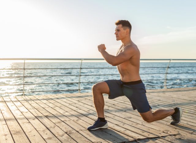 fit man doing bodyweight lunges, concept of exercises for men to build strength