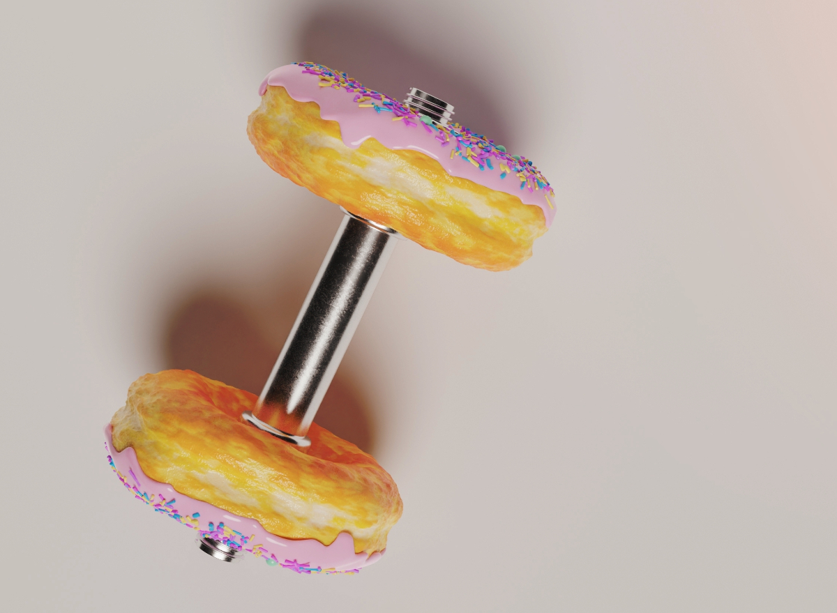 concept of dirty bulking, donuts on dumbbell instead of weights