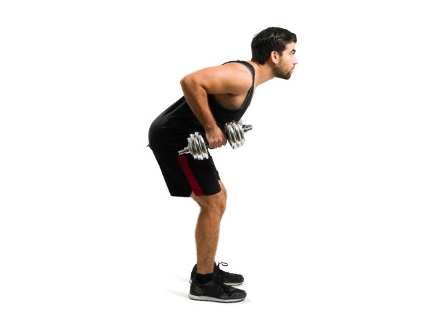 man doing standing dumbbell rows