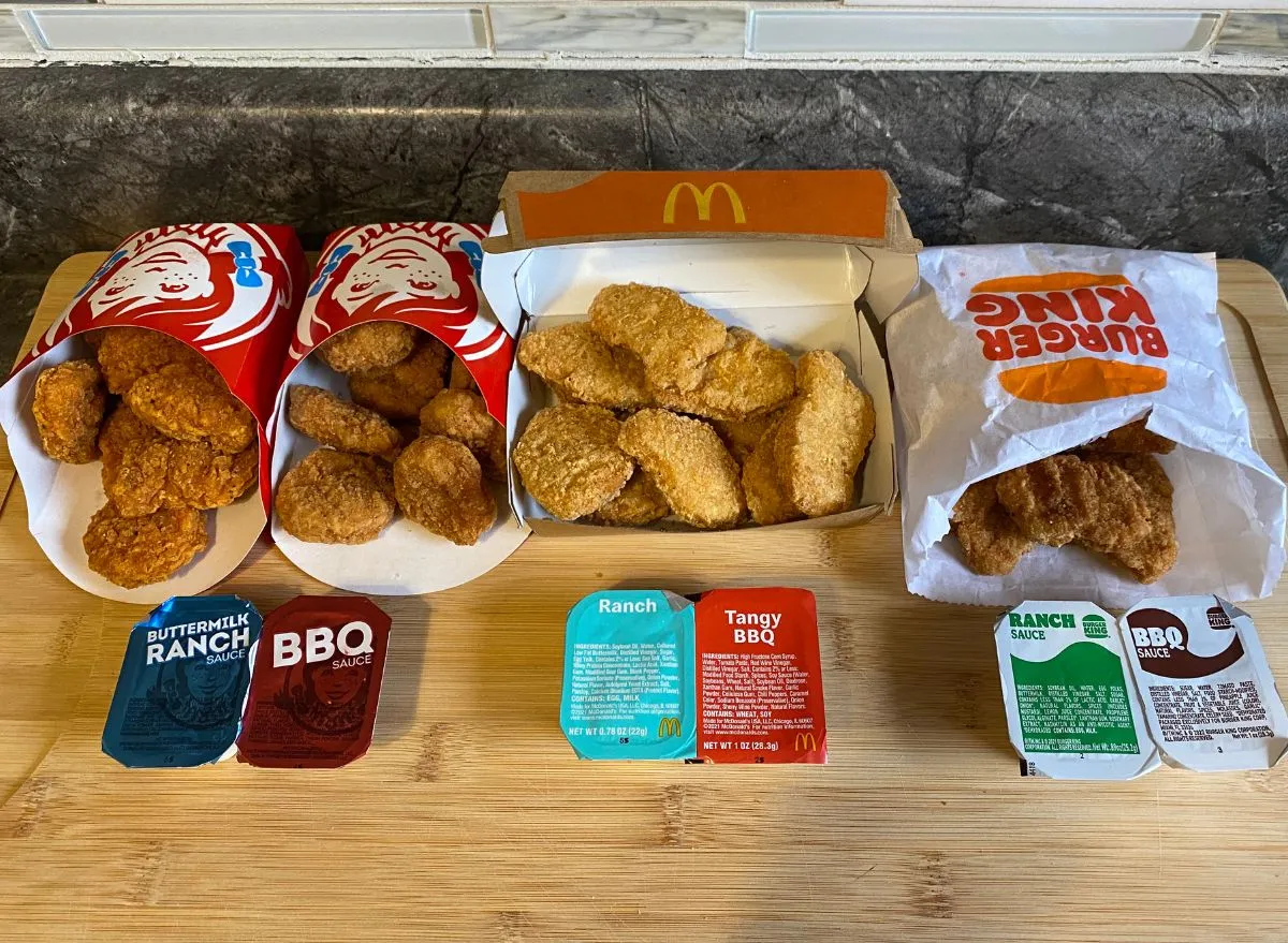 Chicken nuggets and dipping sauces from McDonald's, Burger King, and Wendy's