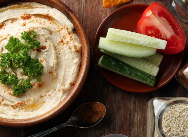 Mediterranean bowl ingredients, hummus and veggies