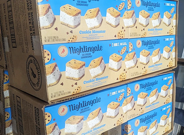 stacks of boxes of frozen ice cream cookie sandwiches in costco.