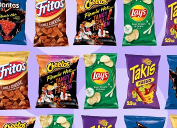 various bags of chips on a purple background