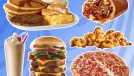 unhealthiest fast food menu items in america collage on a designed blue background