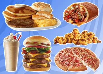 unhealthiest fast food menu items in america collage on a designed blue background