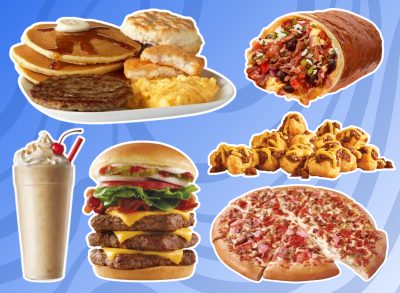 unhealthiest fast food menu items in america collage on a designed blue background