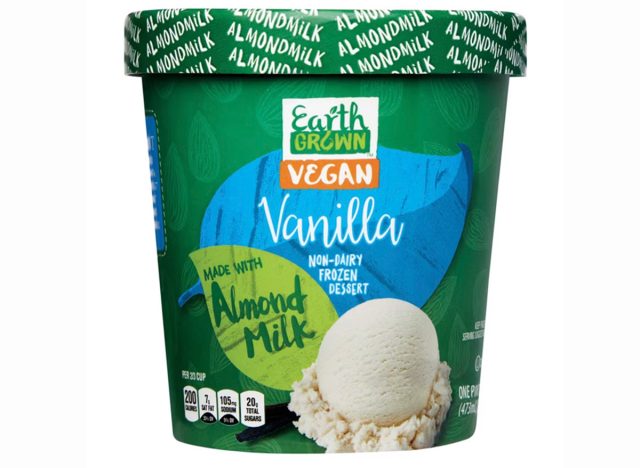 A pint of Earth Grown Vanilla Almond Non-Dairy Almond Ice Cream from Aldi