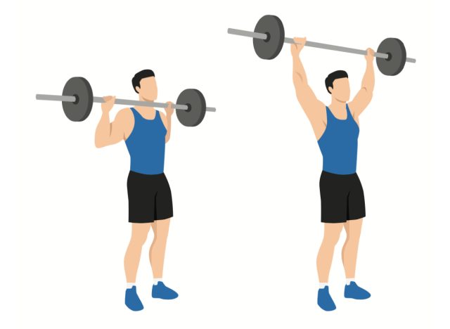barbell overhead press, concept of strength exercises for men in their 30s
