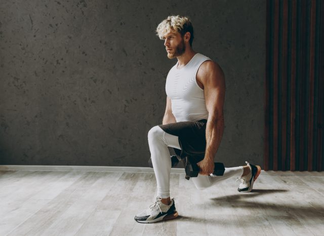 man doing dumbbell lunges, exercises for men to stay fit