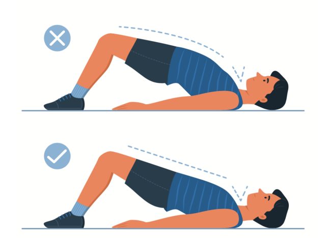 illustration of wrong and right ways to do a glute bridge