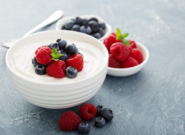 Bowl of Greek yogurt with berries.