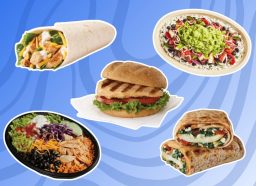 different healthy fast food items on a blue background