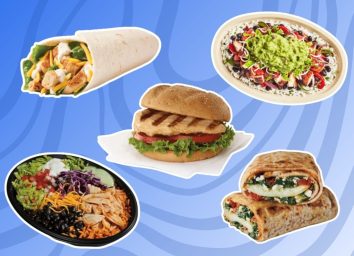 different healthy fast food items on a blue background