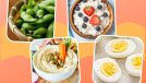 healthy low calorie snacks collage of edamame cottage cheese hummus and hard boiled egg on designed background