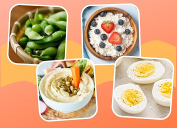 healthy low calorie snacks collage of edamame cottage cheese hummus and hard boiled egg on designed background