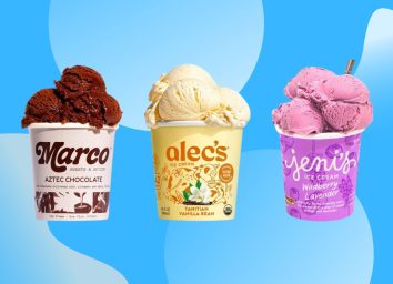 a collage of Marco, Alec's, and Jeni's ice cream pints on a designed blue background