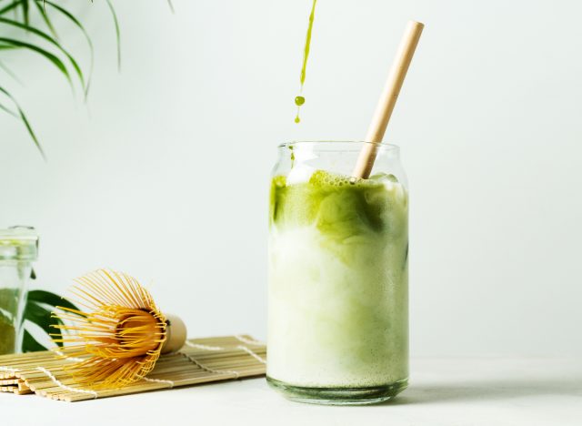 making iced matcha latte, one of the best morning drinks for rapid weight loss